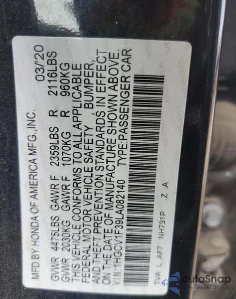 2020 Honda Accord Sport from USA, damaged, VIN 1HGCV1F39LA082140